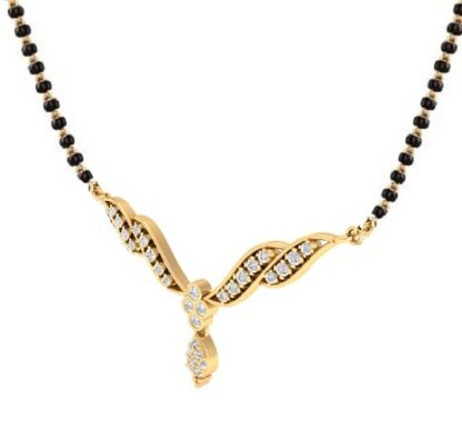 Close-up of yellow gold mangalsutra pendant showing the bezel-set diamond drop