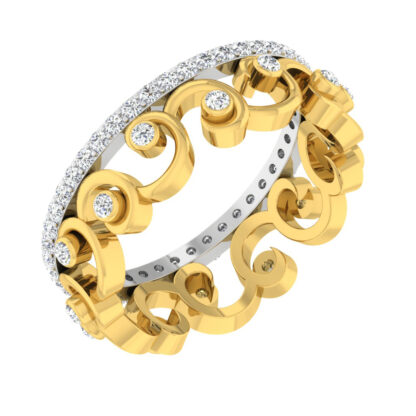 Perspective view of yellow gold scroll openwork band with bezel-set diamonds and a white gold pave diamond edge