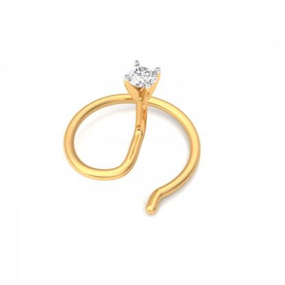 Close-up of yellow gold diamond hook nose pin showing the coiled wire