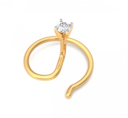 Close-up of yellow gold diamond hook nose pin showing the coiled wire
