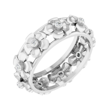 Perspective view of white gold openwork band with bezel-set diamond flowers circling the ring