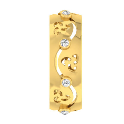 Side view of wide yellow gold band showing the wave of bezel-set diamonds and scroll cutouts