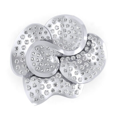 Top view of white gold flower ring showing four curved petals covered in flush-set diamonds