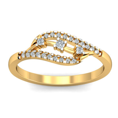 Front view of yellow gold ring with bar-set diamond leaf outline and three prong-set diamonds