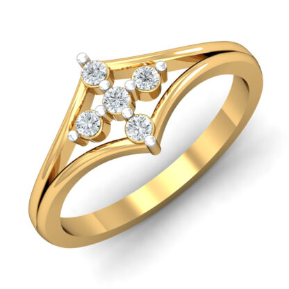 Perspective view of yellow gold V-shaped split shank ring with a five-stone diamond cross motif