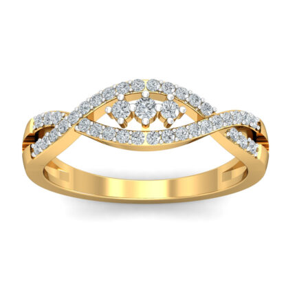 Front view of yellow gold ring with twisting pave diamond strands around three prong-set diamonds