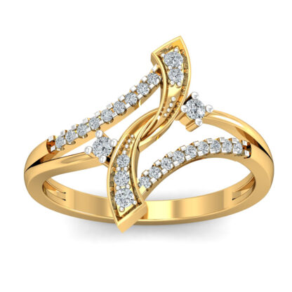 Front view of yellow gold ring with crossing diamond-set ribbon arcs and two prong-set round diamonds