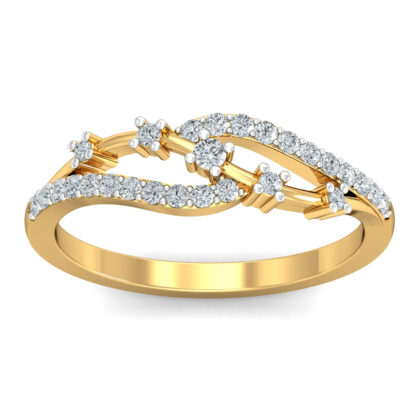 Front view of yellow gold bypass ring with pave diamond arcs and several prong-set round diamonds