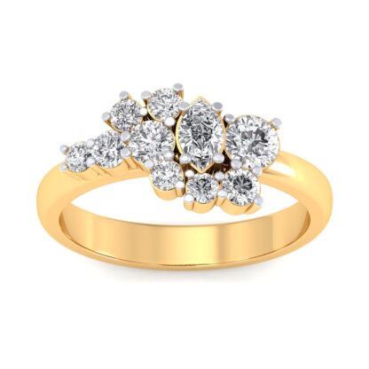 Front view of yellow gold asymmetric diamond cluster ring