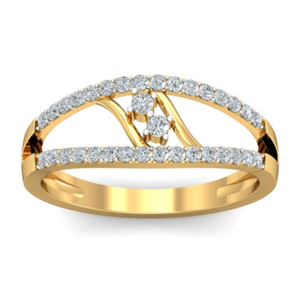 Front view of yellow gold ring with two prong-set diamonds framed by two pave diamond rows