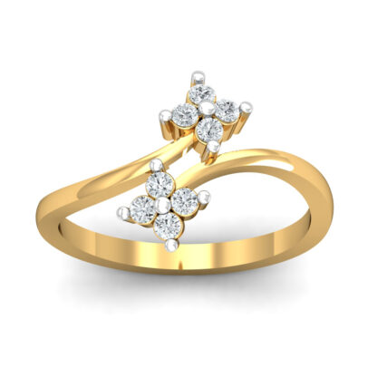 Front view of yellow gold bypass ring with two prong-set four-diamond clover clusters