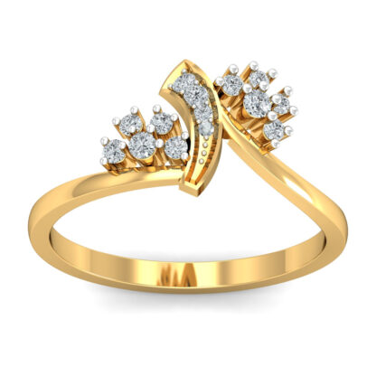 Front view of yellow gold ring with prong-set diamond fan clusters either side of a pave diamond blade