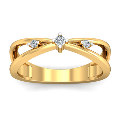 Front view of yellow gold crossover ring with a center four-prong diamond and two smaller side diamonds