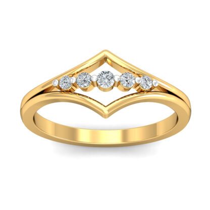 Front view of yellow gold ring with five graduated round diamonds in a pointed open frame