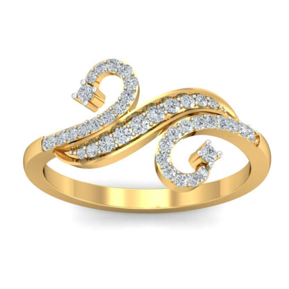 Front view of yellow gold ring with flowing diamond S-scroll and two prong-set diamond accents
