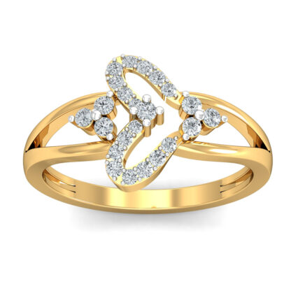 Front view of yellow gold split shank ring with pave diamond loop and two three-stone diamond accents