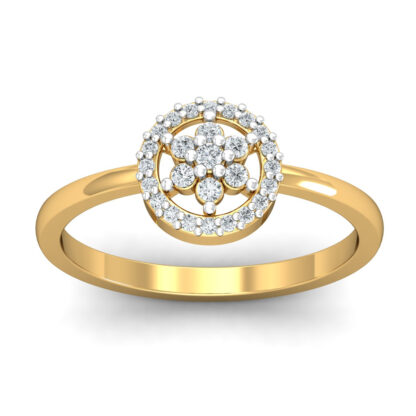 Front view of yellow gold diamond flower circle ring with round diamond halo border