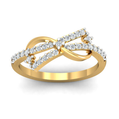Front view of yellow gold infinity crossover ring with pave diamond ribbons meeting at a center diamond