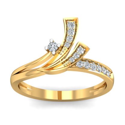 Front view of yellow gold ring with fanned pave diamond blades and a four-prong round diamond