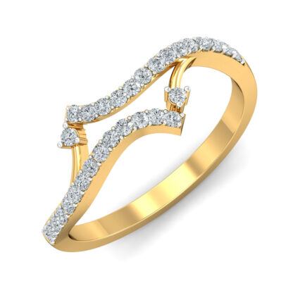 Perspective view of yellow gold open bypass ring with two pave diamond arcs and prong-set diamond ends