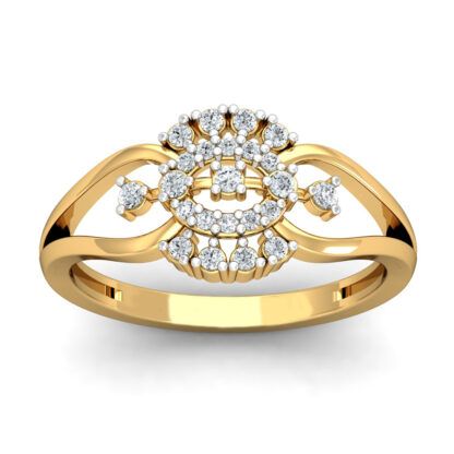 Yellow gold oval diamond double halo ring worn on finger