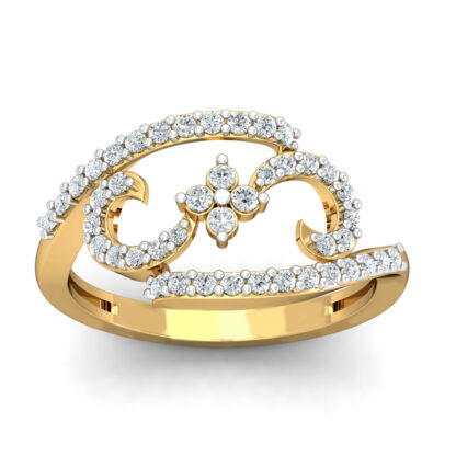 Yellow gold diamond clover scroll ring worn on finger