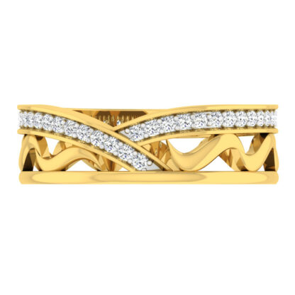 Perspective view of yellow gold diamond wave lattice band ring