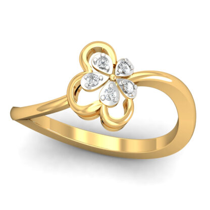Yellow gold open diamond clover leaf ring worn on finger