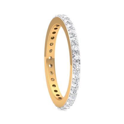Angled view of yellow gold side-set diamond wedding ring