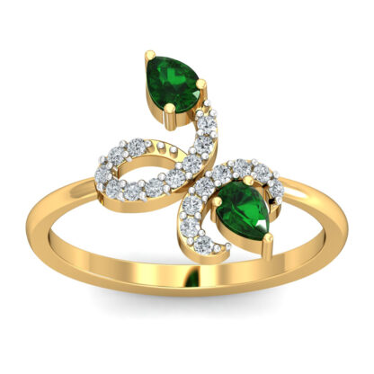 Yellow gold emerald diamond vine scroll ring worn on finger