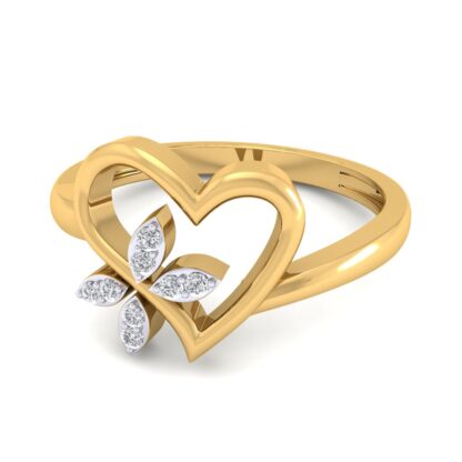 Perspective view of yellow gold open heart diamond clover ring