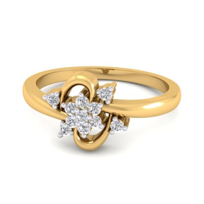 Perspective view of yellow gold diamond cluster fleur ring