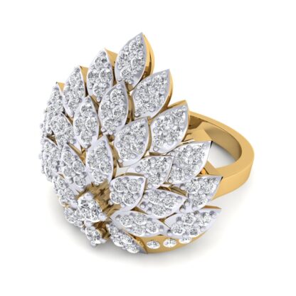 Perspective view of two-tone gold marquise diamond dahlia ring