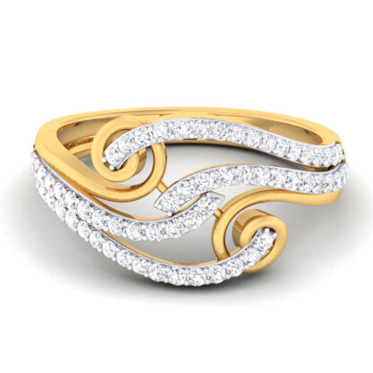 Perspective view of yellow gold sculptural diamond scroll ring