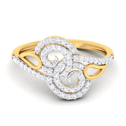 Perspective view of yellow gold twin diamond spiral swirl ring