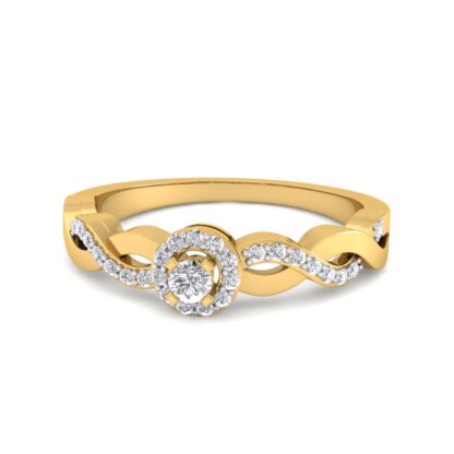Perspective view of yellow gold diamond halo infinity wave ring