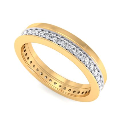Perspective view of yellow gold center-set diamond eternity ring