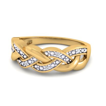 Perspective view of yellow gold braided diamond band ring
