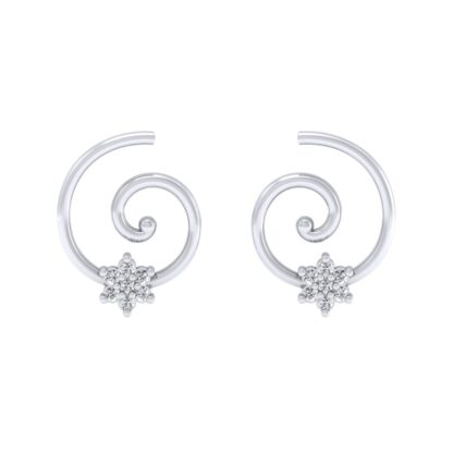 Angled view of white gold spiral coil earrings showing the flower cluster detail