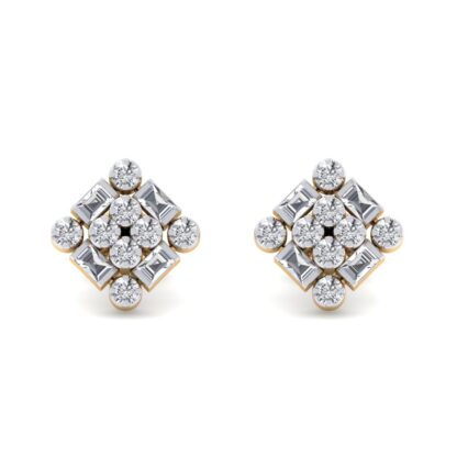 Angled view of yellow gold diamond cluster stud earrings showing the pattern