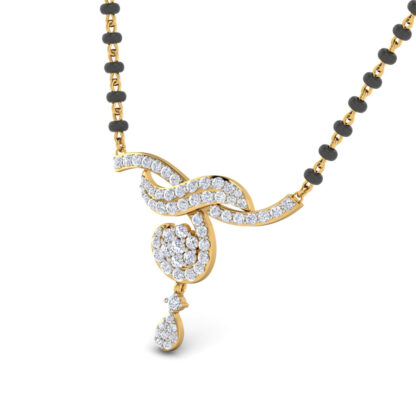 Angled view of yellow gold mangalsutra pendant showing the rose cluster detail