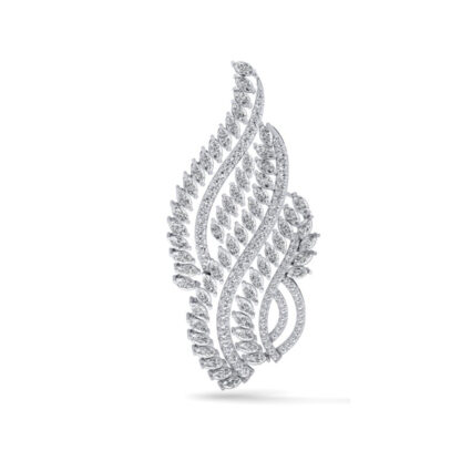 Angled view of white gold feather drop earrings showing layered marquise detail