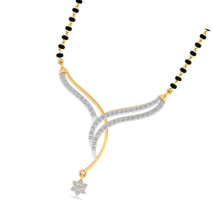 Front view of yellow gold mangalsutra with a flowing diamond ribbon and flower drop