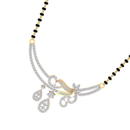 Angled view of yellow gold mangalsutra pendant showing the floral cluster detail