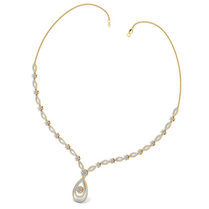 Angled view of yellow gold necklace showing the floral cluster link detail