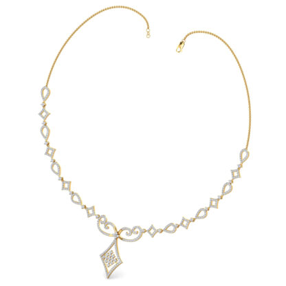 Angled view of yellow gold necklace showing the scroll accent detail