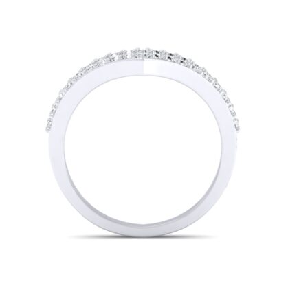 Through-finger view of white gold double V chevron pave diamond ring showing the band profile