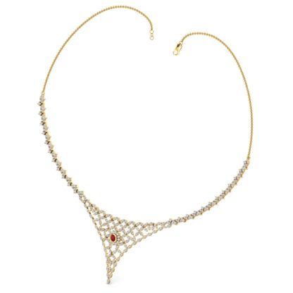 Close-up of yellow gold necklace showing the bezel-set oval ruby