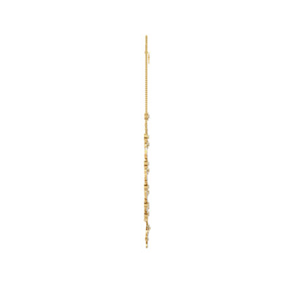 Close-up of yellow gold necklace showing the openwork pear pendant drop