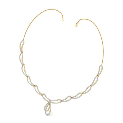 Angled view of yellow gold necklace showing the scallop loop links